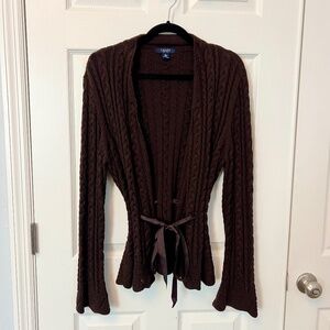 Chaps Ralph Lauren Brown Cable Knit Cardigan Y2K Fairycore Ribbon Tie Layer L